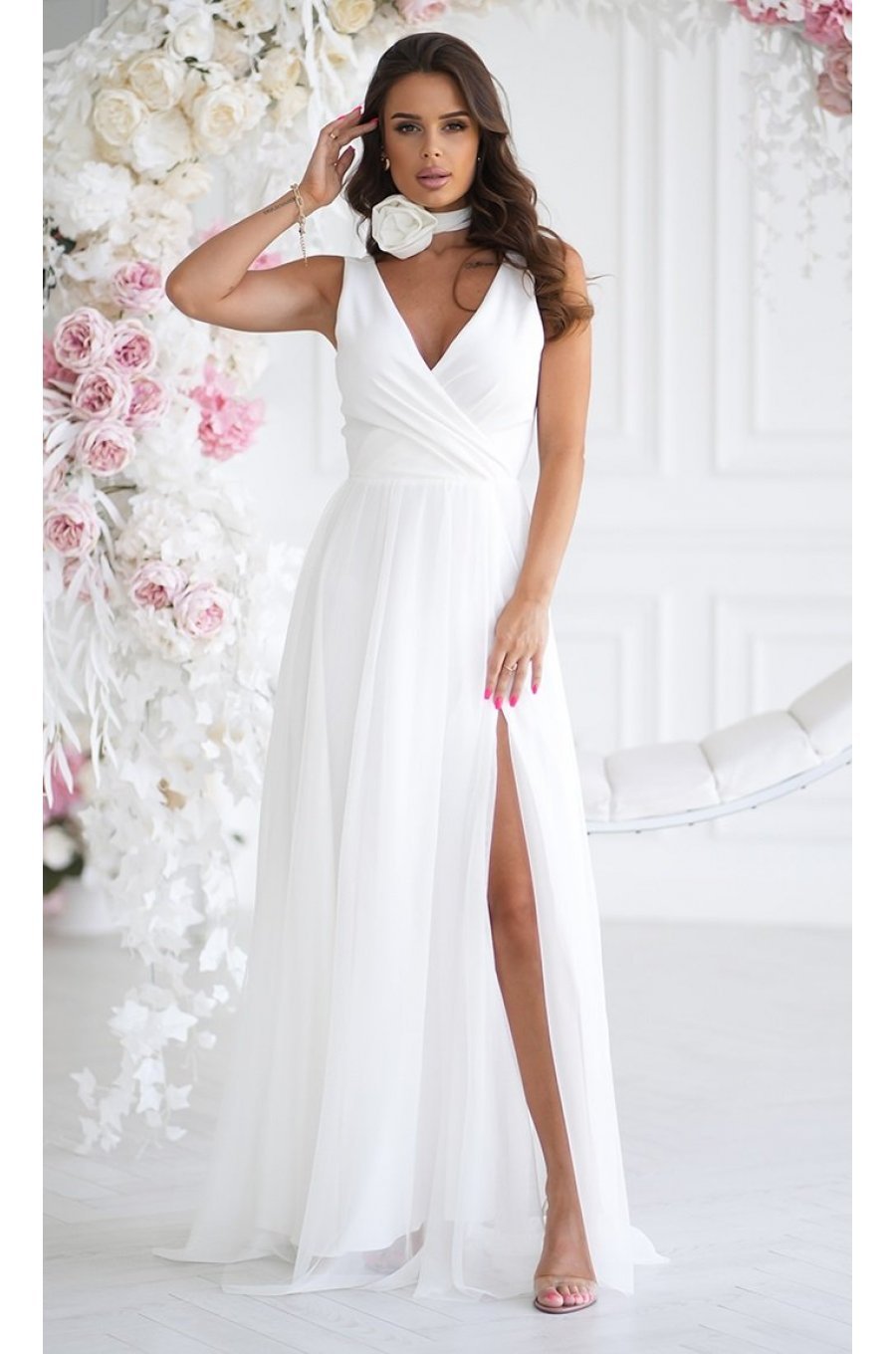 Rochie cununie civila alba, lunga, din tulle, cu floare decorativa, vaporoasa, Dyandra 2 - jojofashion.ro