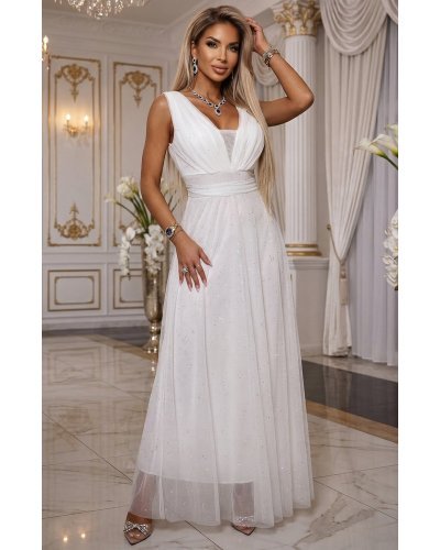 Rochii cununie civila, Rochie cununie civila alba lunga din tulle cu brocart vaporoasa Melania - jojofashion.ro