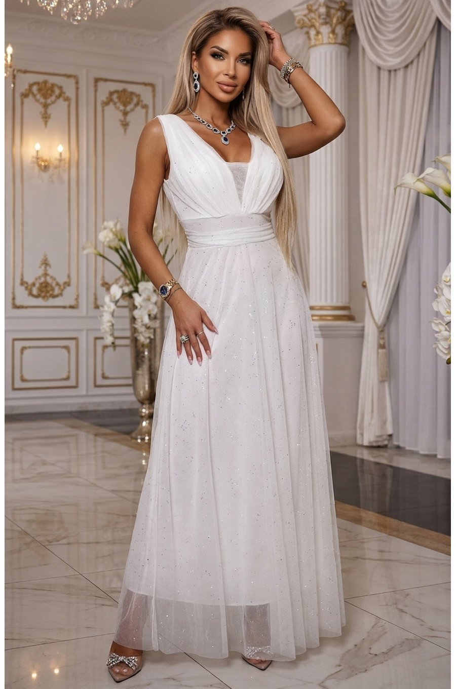 Rochie cununie civila alba lunga din tulle cu brocart vaporoasa Melania 1 - jojofashion.ro