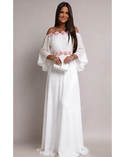 Rochii marimi mari, Rochie cununie civila alba lunga din voal cu flori roz vaporoasa AngelD - jojofashion.ro