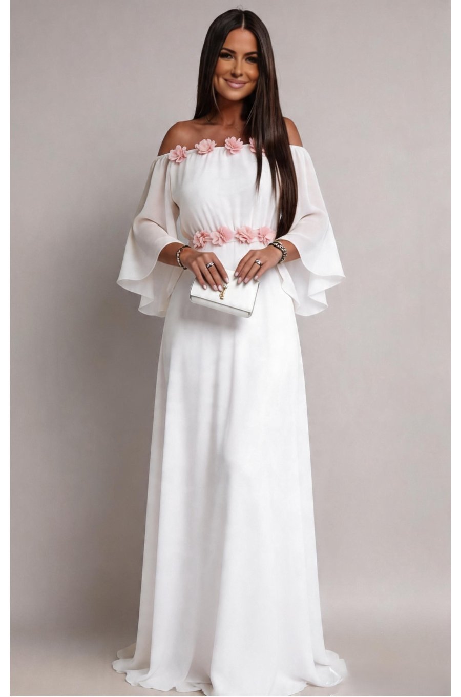 Rochie cununie civila alba lunga din voal cu flori roz vaporoasa AngelD 1 - jojofashion.ro