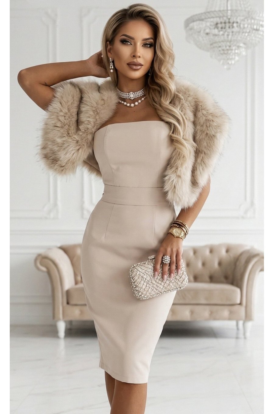 Rochie cununie civila bej midi mulata tip creion corset si umeri goi Elka 3 - jojofashion.ro