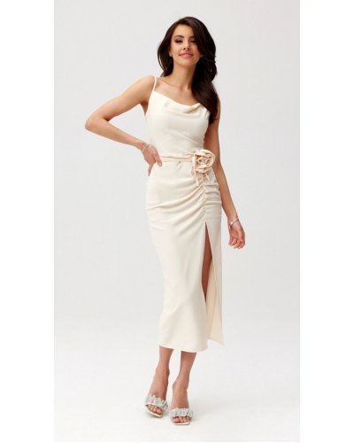 Rochie cununie civila, cu floare, midi, bej, MaribelR Rochii cununie civila, Rochie cununie civila, cu floare, midi, bej, MaribelR - jojofashion.ro