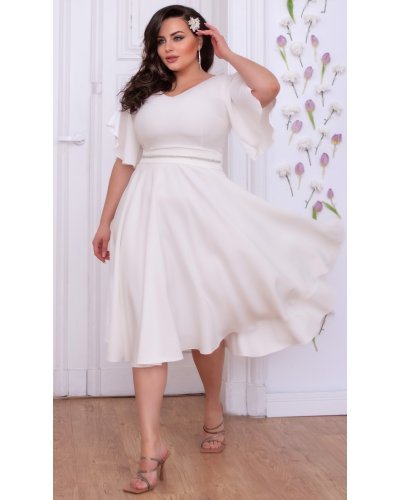 Rochie cununie civila marime mare midi, din bumbac, alba, cu maneca evazata, LunaXXL Rochii cununie civila, Rochie cununie civila marime mare midi, din bumbac, alba, cu maneca evazata, LunaXXL - jojofashion.ro