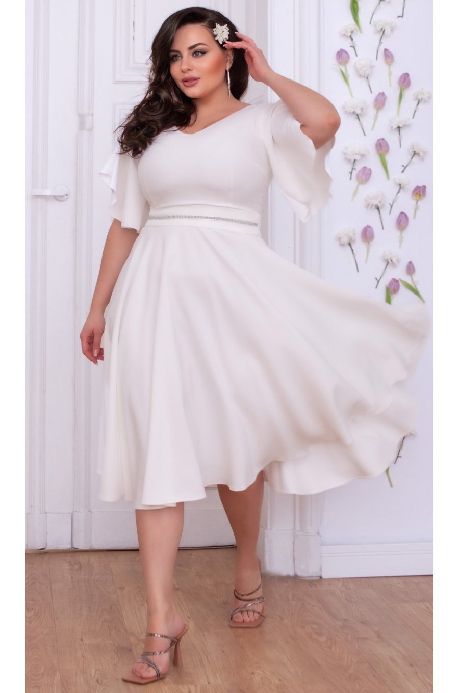 Rochie cununie civila marime mare midi, din bumbac, alba, cu maneca evazata, LunaXXL 1 - jojofashion.ro