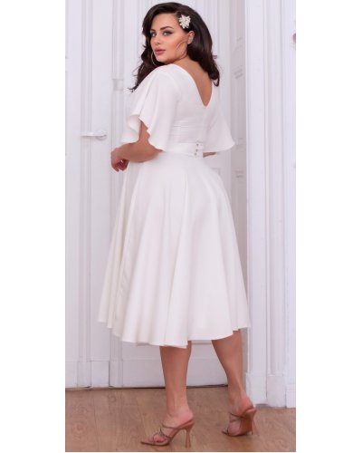 Rochie cununie civila marime mare midi, din bumbac, alba, cu maneca evazata, LunaXXL Rochii cununie civila, Rochie cununie civila marime mare midi, din bumbac, alba, cu maneca evazata, LunaXXL - jojofashion.ro