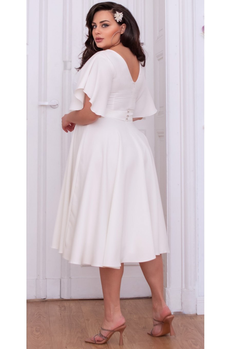 Rochie cununie civila marime mare midi, din bumbac, alba, cu maneca evazata, LunaXXL 2 - jojofashion.ro