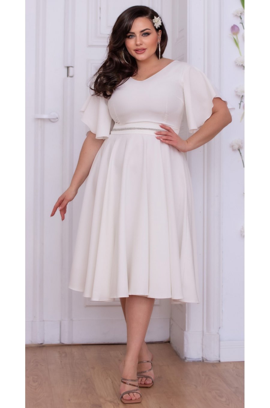 Rochie cununie civila marime mare midi, din bumbac, alba, cu maneca evazata, LunaXXL 3 - jojofashion.ro