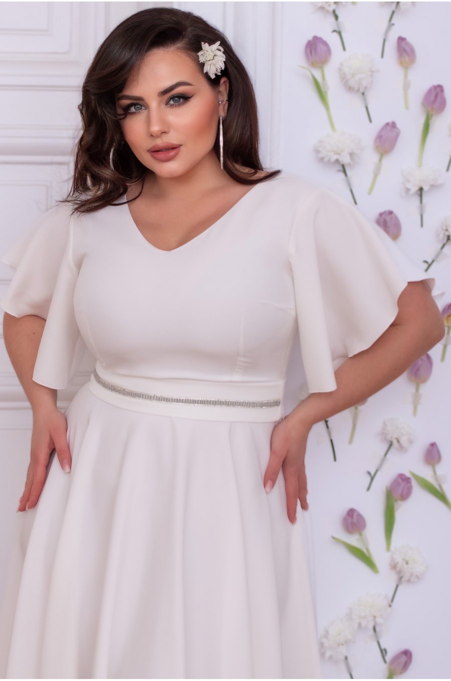 Rochie cununie civila marime mare midi, din bumbac, alba, cu maneca evazata, LunaXXL 5 - jojofashion.ro