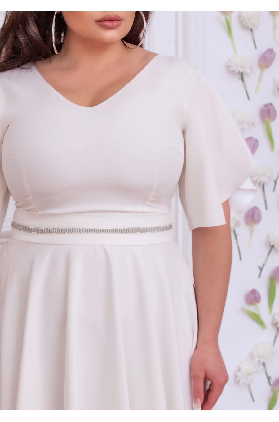 Rochie cununie civila marime mare midi, din bumbac, alba, cu maneca evazata, LunaXXL 6 - jojofashion.ro