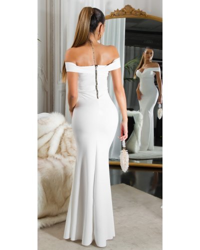Rochie cununie civila lunga, alba, cu umerii goi, crapata pe picior, Berda - jojofashion.ro