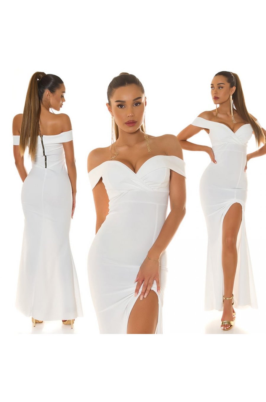 Rochie cununie civila lunga, alba, mulata, cu umerii goi, crapata pe picior, Berda 7 - jojofashion.ro