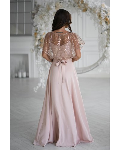 Rochii marimi mari, Rochie cununie civila lunga bej cu paiete pe bust vaporoasa Azaliya - jojofashion.ro