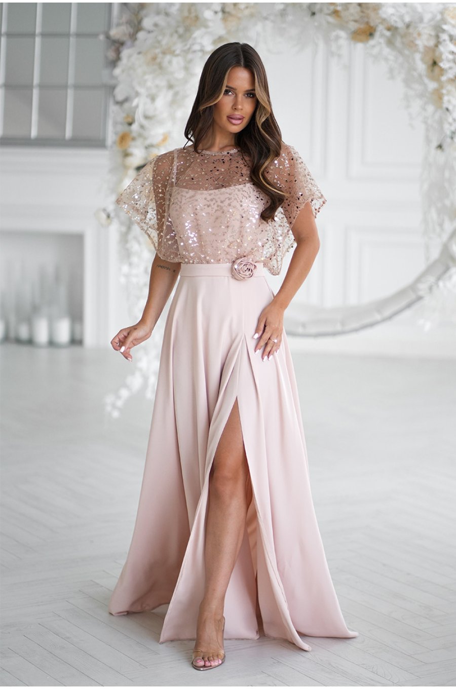 Rochie cununie civila lunga bej cu paiete pe bust vaporoasa Azaliya 4 - jojofashion.ro