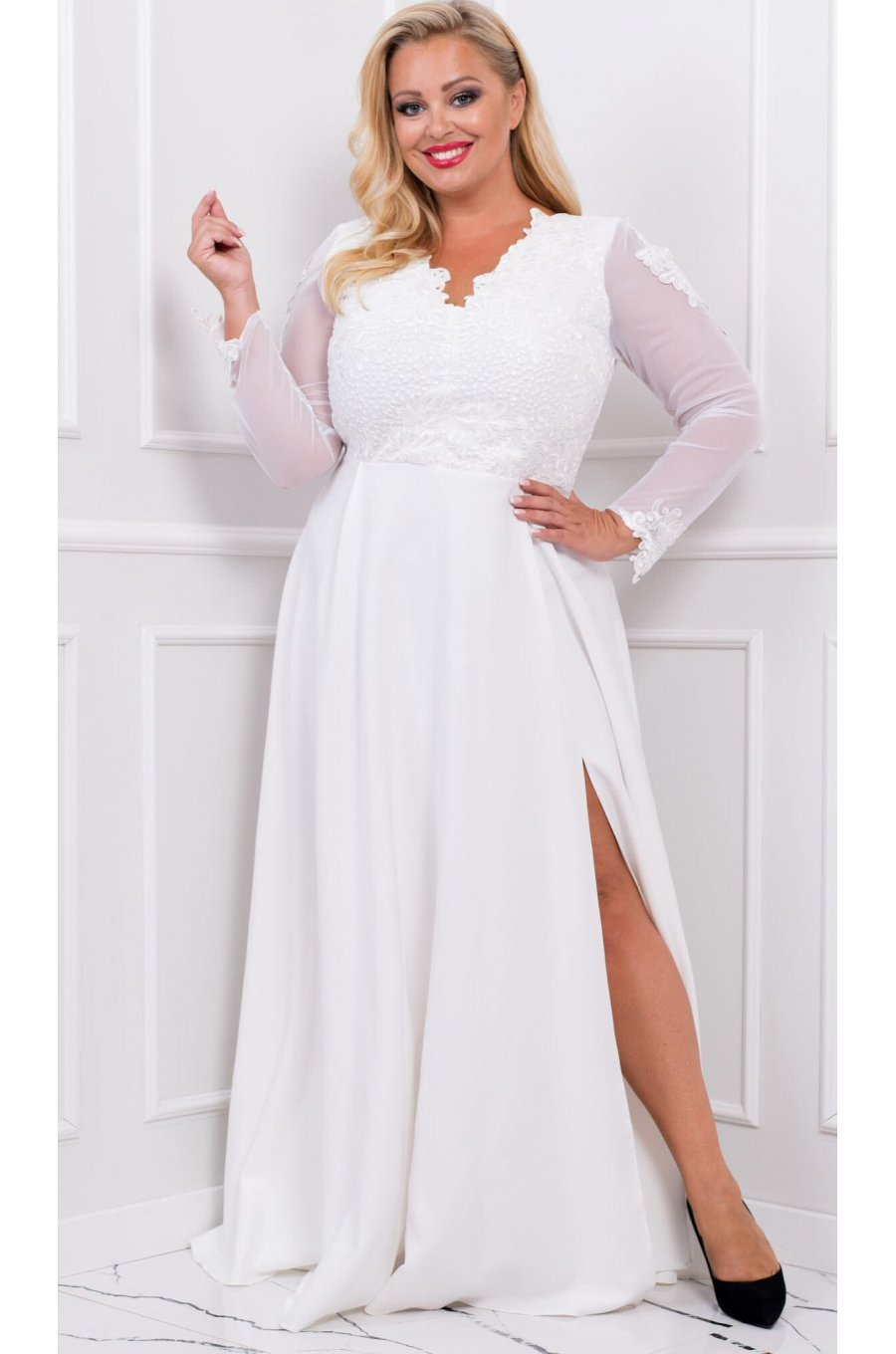 Rochie cununie civila lunga alba dantela cu maneca lunga cu broderie pe bust Karmen Rochie cununie civila lunga alba dantela cu maneca lunga cu broderie pe bust Karmen 1 - jojofashion.ro