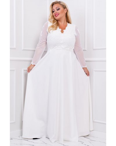 Rochie cununie civila lunga alba dantela cu maneca lunga cu broderie pe bust Karmen Rochii lungi, Rochie cununie civila lunga alba dantela cu maneca lunga cu broderie pe bust Karmen - jojofashion.ro
