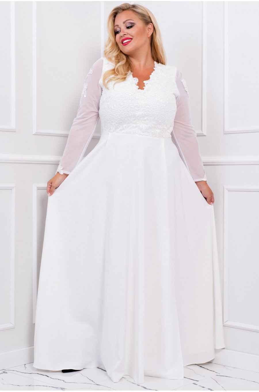 Rochie cununie civila lunga alba dantela cu maneca lunga cu broderie pe bust Karmen Rochie cununie civila lunga alba dantela cu maneca lunga cu broderie pe bust Karmen 2 - jojofashion.ro