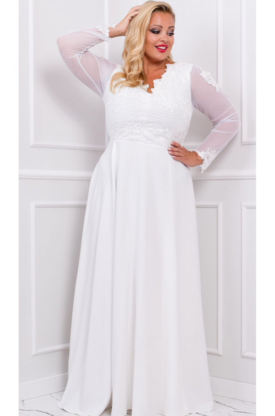 Rochie cununie civila lunga alba dantela cu maneca lunga cu broderie pe bust Karmen Rochie cununie civila lunga alba dantela cu maneca lunga cu broderie pe bust Karmen 3 - jojofashion.ro