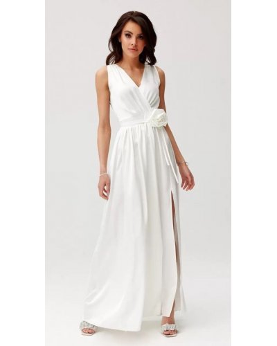 Rochie cununie civila lunga, din satin, alba, cu floare in talie, PalomaR Rochii lungi, Rochie cununie civila lunga, din satin, alba, cu floare in talie, PalomaR - jojofashion.ro