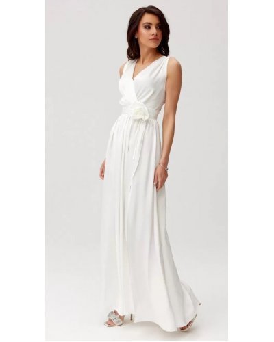 Rochie cununie civila lunga, din satin, alba, cu floare in talie, PalomaR Rochii lungi, Rochie cununie civila lunga, din satin, alba, cu floare in talie, PalomaR - jojofashion.ro
