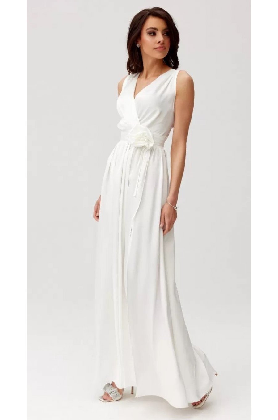 Rochie cununie civila lunga, din satin, alba, cu floare in talie, PalomaR 2 - jojofashion.ro