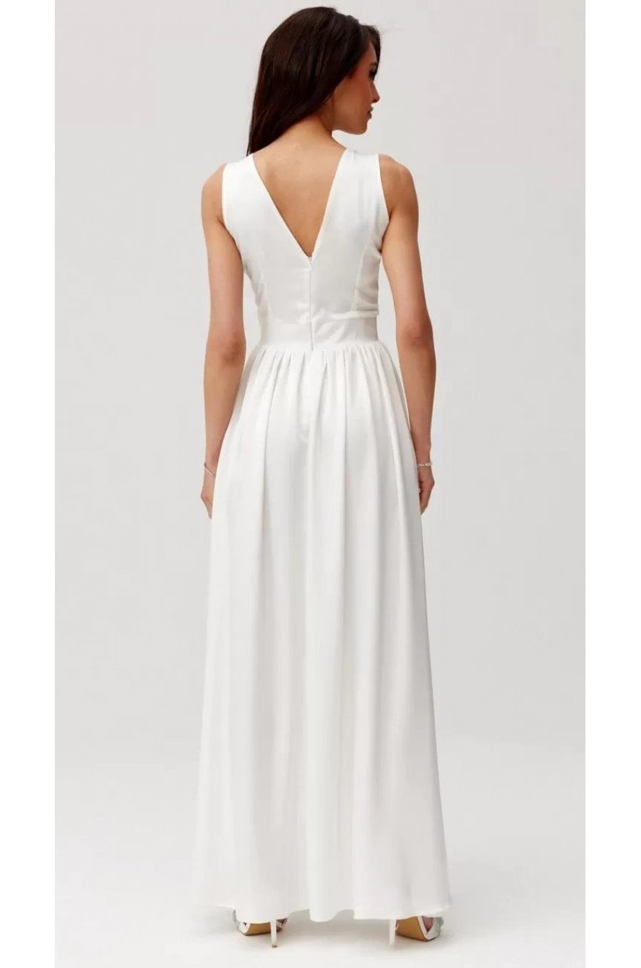 Rochie cununie civila lunga, din satin, alba, cu floare in talie, PalomaR 3 - jojofashion.ro