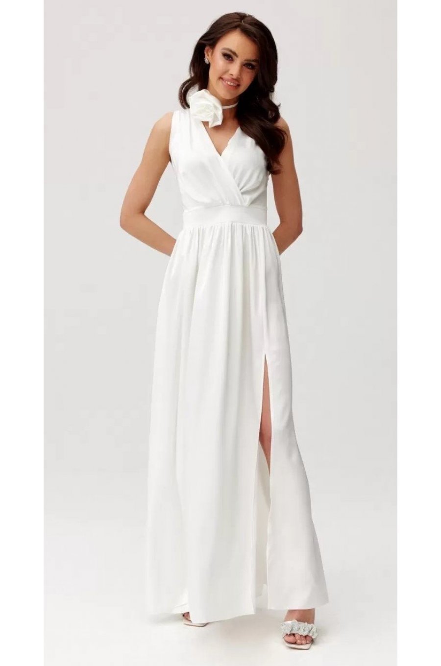 Rochie cununie civila lunga, din satin, alba, cu floare in talie, PalomaR 5 - jojofashion.ro