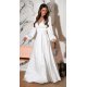 Rochie cununie civila lunga, din satin, alba, cu maneca lunga, crapata pe picior, Natasya 2 - jojofashion.ro