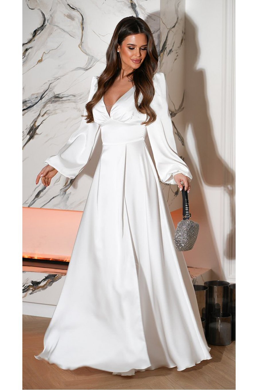 Rochie cununie civila lunga, din satin, alba, cu maneca lunga, crapata pe picior, Natasya 1 - jojofashion.ro