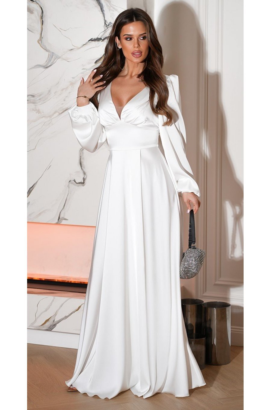 Rochie cununie civila lunga, din satin, alba, cu maneca lunga, crapata pe picior, Natasya 5 - jojofashion.ro