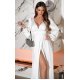 Rochie cununie civila lunga, din satin, alba, cu maneca lunga, crapata pe picior, Natasya 5 - jojofashion.ro