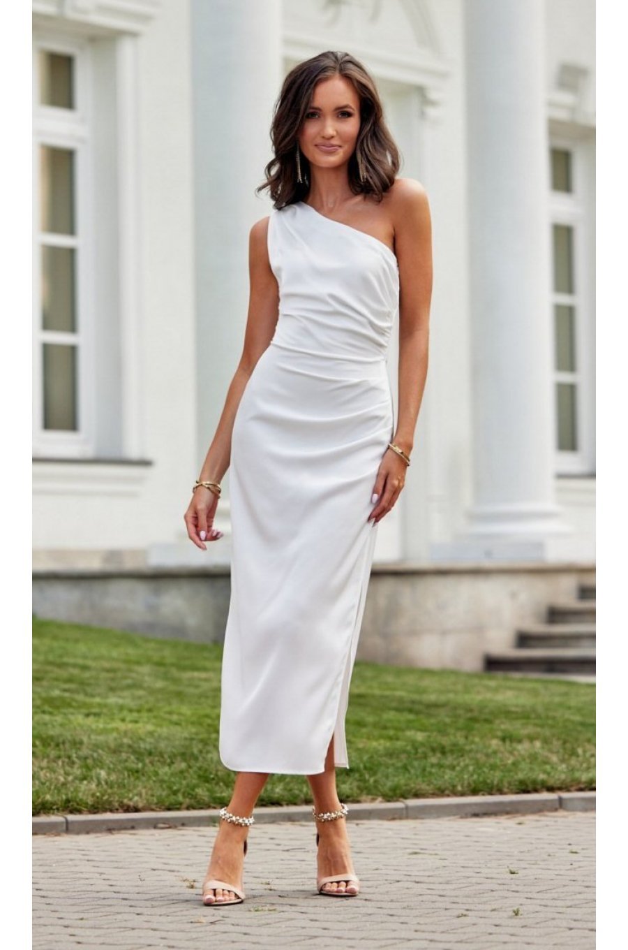 Rochie cununie civila lunga, din satin, alba, cu un umar gol, Lamia 1 - jojofashion.ro