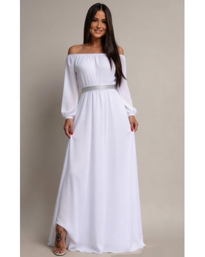Rochie cununie civila lunga, voal, alba,  cu maneca lunga si umerii goi, Afrodita - jojofashion.ro