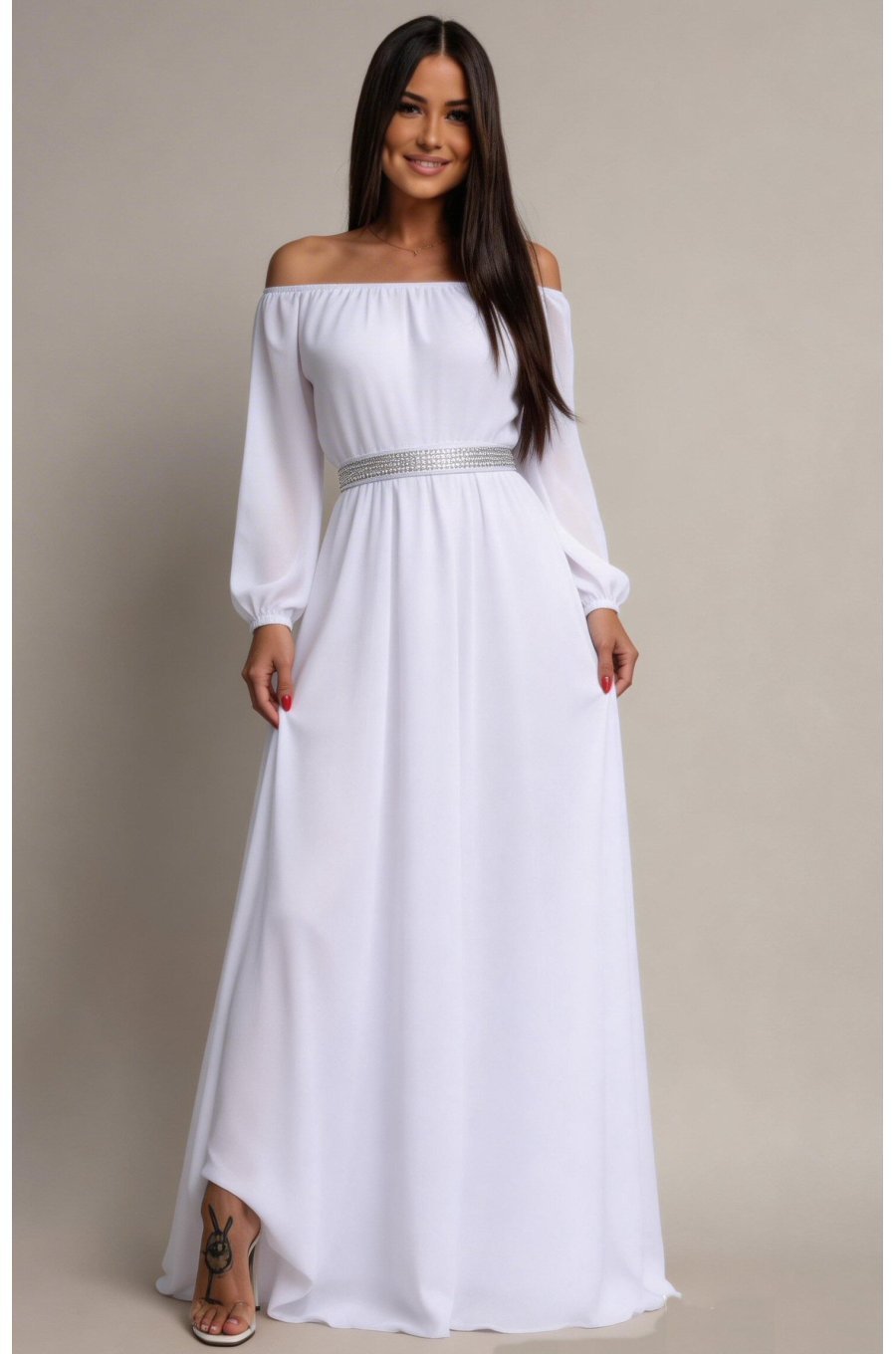 Rochie cununie civila lunga, voal, alba,  cu maneca lunga si umerii goi, Afrodita 1 - jojofashion.ro