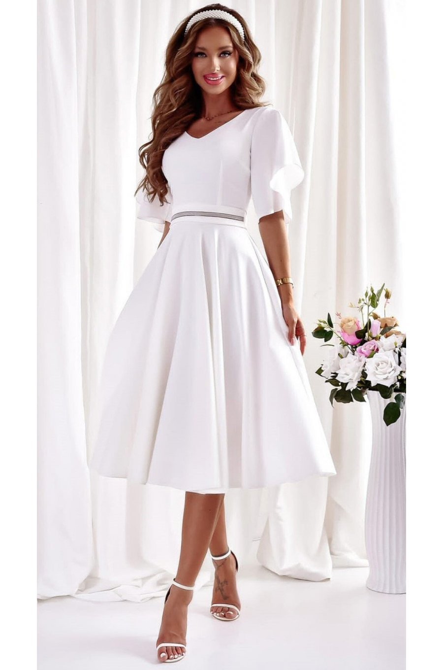 Rochie cununie civila, midi, din bumbac, alba, in clos, asimetrica, LunaW 1 - jojofashion.ro