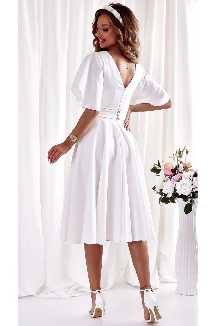 Rochie cununie civila, midi, din bumbac, alba, in clos, asimetrica, LunaW 2 - jojofashion.ro