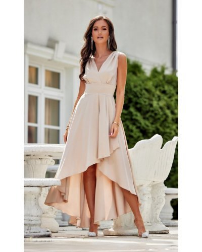 Rochie cununie civila midi, din satin bej, asimetrica, cu trena, Jennifer Rochii satin, Rochie cununie civila midi, din satin bej, asimetrica, cu trena, Jennifer - jojofashion.ro