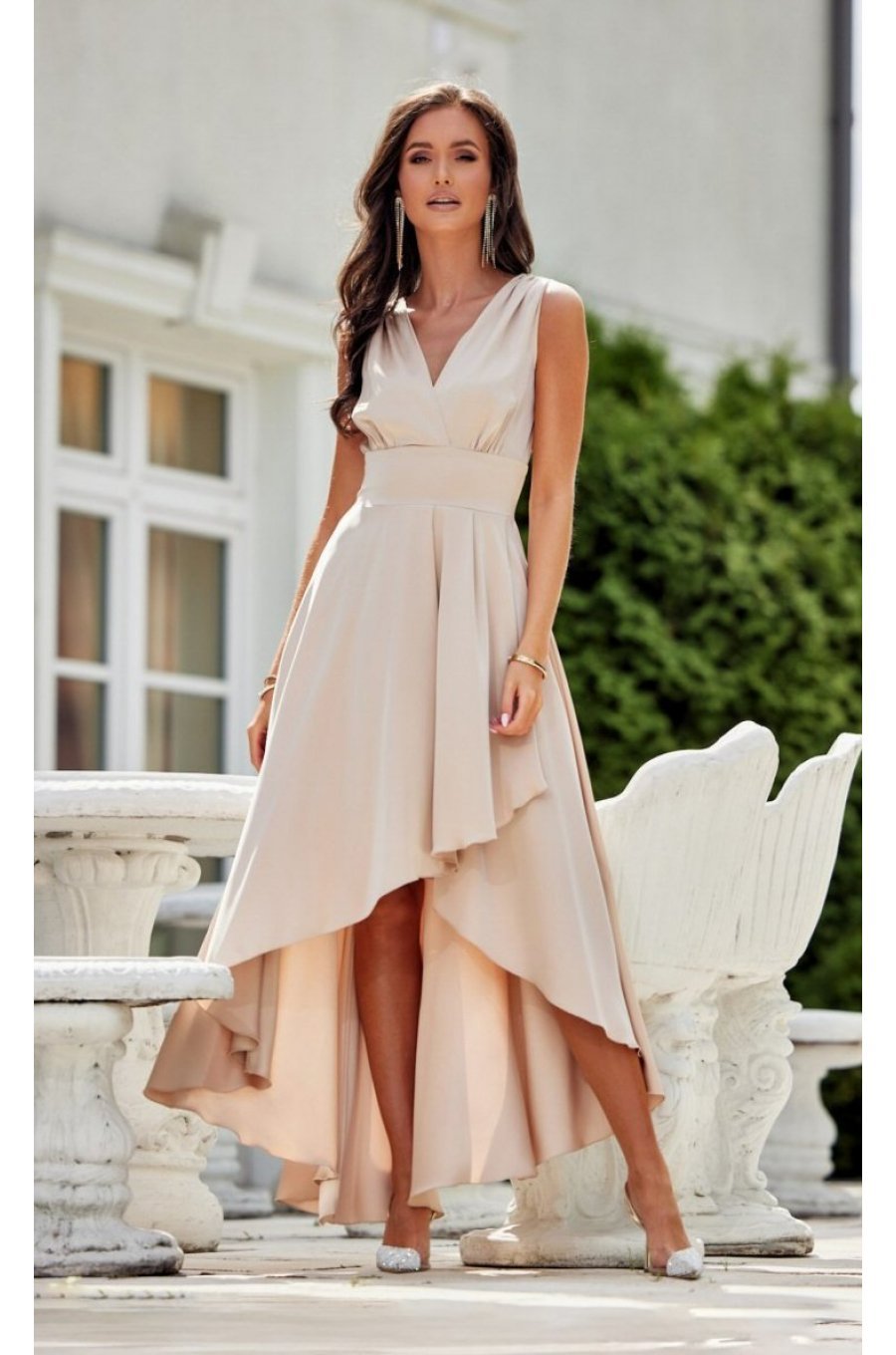 Rochie cununie civila midi, din satin bej, asimetrica, cu trena, Jennifer 1 - jojofashion.ro