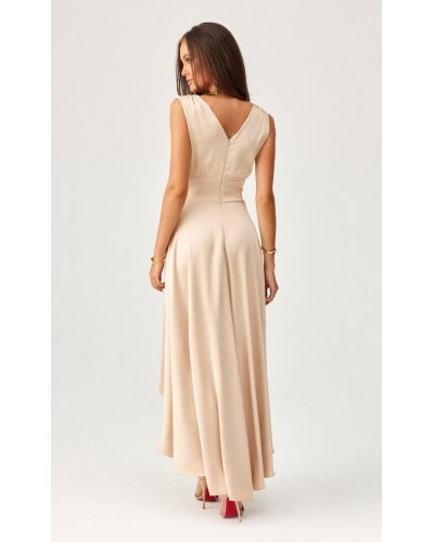 Rochie cununie civila midi, din satin bej, asimetrica, cu trena, Jennifer Rochii satin, Rochie cununie civila midi, din satin bej, asimetrica, cu trena, Jennifer - jojofashion.ro
