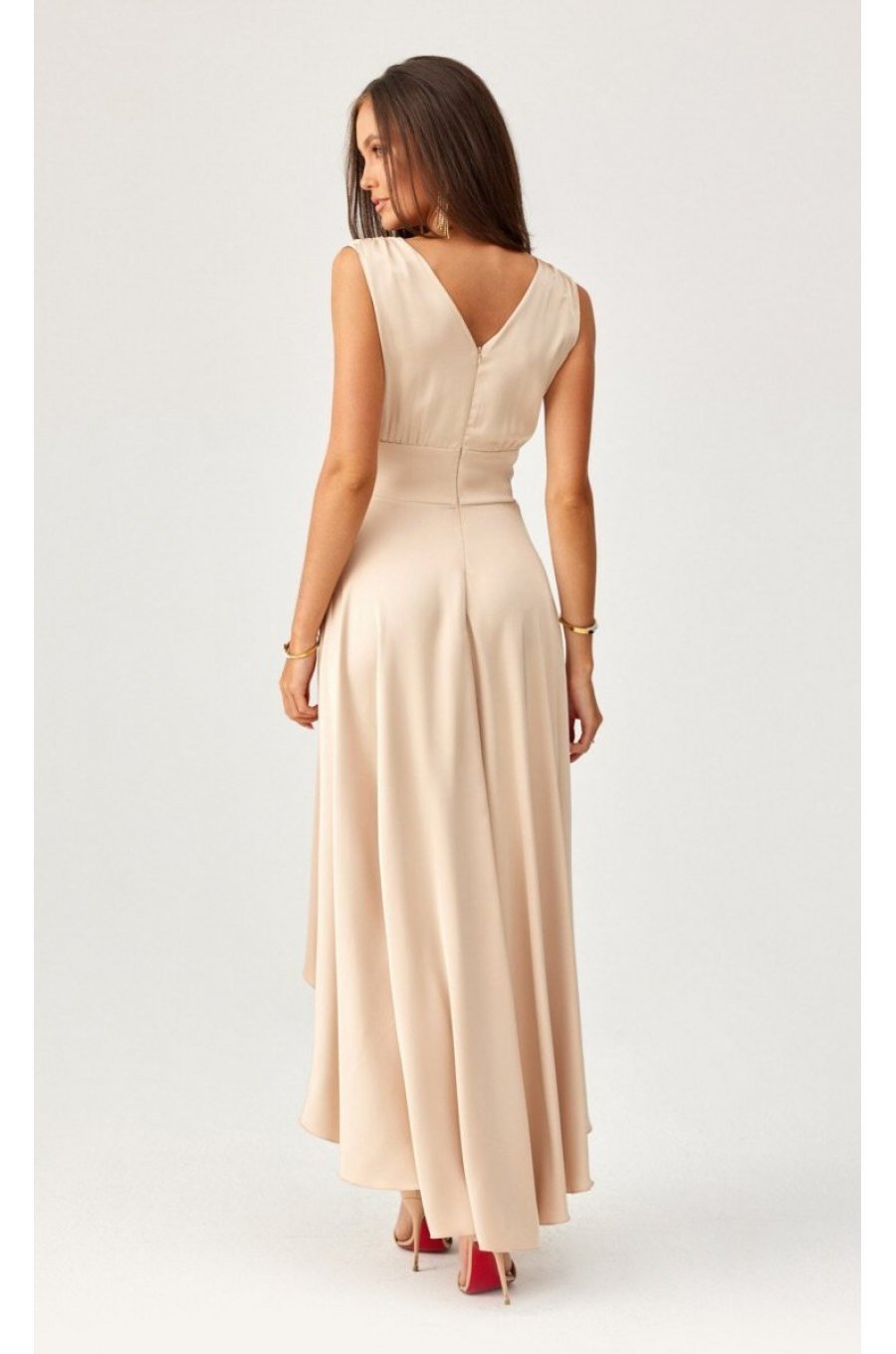 Rochie cununie civila midi, din satin bej, asimetrica, cu trena, Jennifer 2 - jojofashion.ro