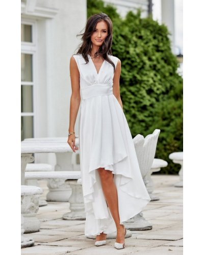 Rochie cununie civila midi, din satin, alba, asimetrica, cu trena, Jennifer Rochii satin, Rochie cununie civila midi, din satin, alba, asimetrica, cu trena, Jennifer - jojofashion.ro