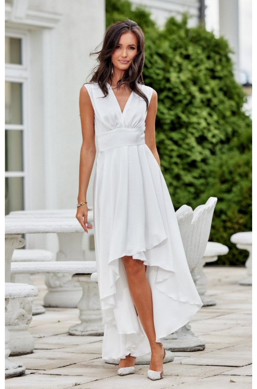 Rochie cununie civila midi, din satin, alba, asimetrica, cu trena, Jennifer 1 - jojofashion.ro