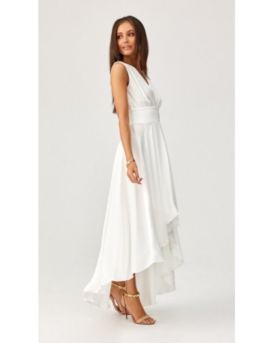 Rochie cununie civila midi, din satin, alba, asimetrica, cu trena, Jennifer Rochii satin, Rochie cununie civila midi, din satin, alba, asimetrica, cu trena, Jennifer - jojofashion.ro