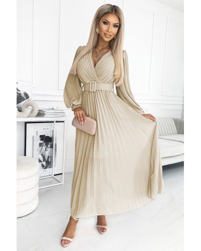 Rochie cununie civila, plisata, lunga, din chiffon bej, cu maneca lunga, vaporoasa, Vaneira Rochii lungi, Rochie cununie civila, plisata, lunga, din chiffon bej, cu maneca lunga, vaporoasa, Vaneira - jojofashion.ro