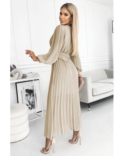Rochie cununie civila, plisata, lunga, din chiffon bej, cu maneca lunga, vaporoasa, Vaneira Rochii lungi, Rochie cununie civila, plisata, lunga, din chiffon bej, cu maneca lunga, vaporoasa, Vaneira - jojofashion.ro