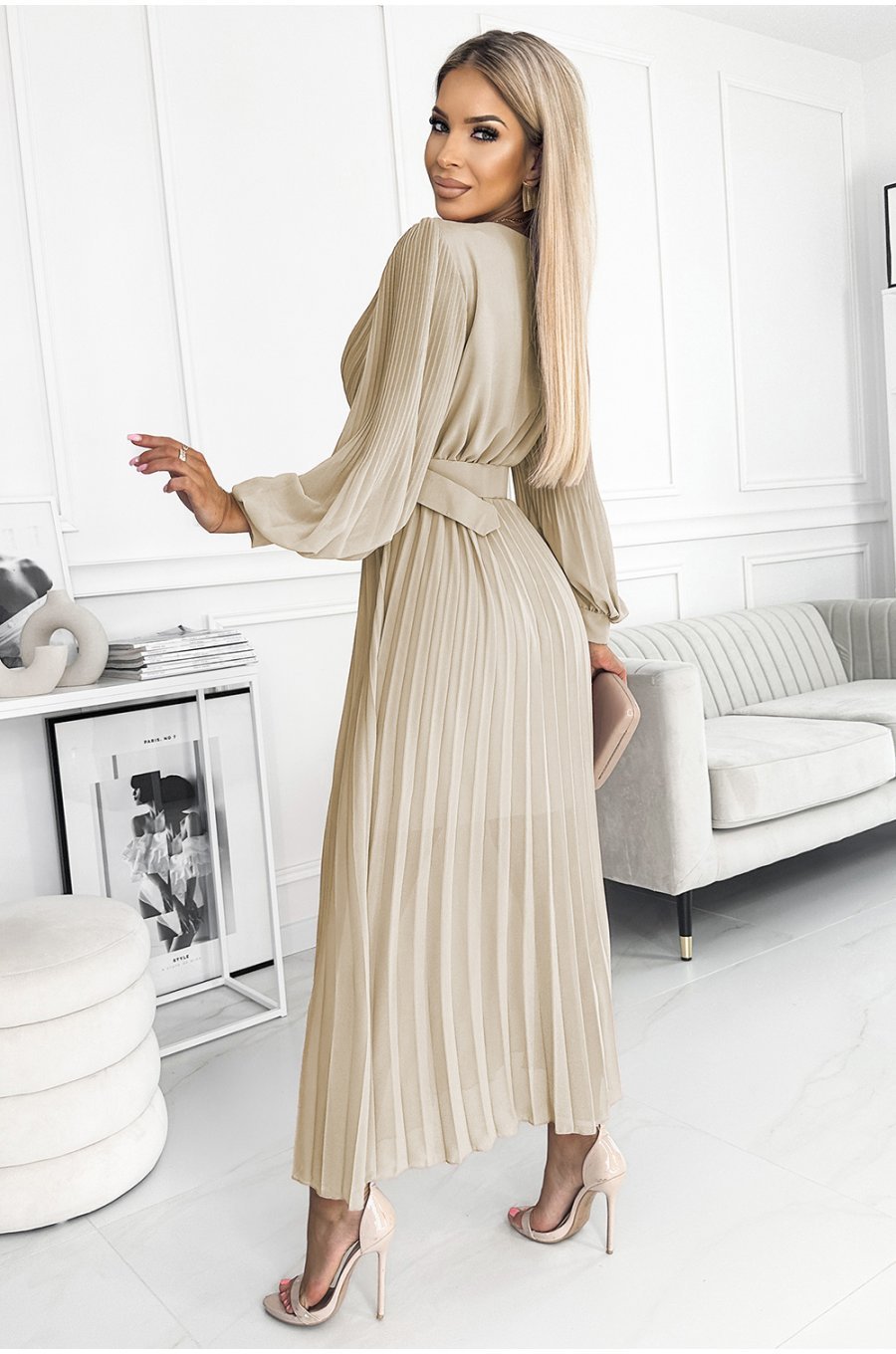 Rochie cununie civila, plisata, lunga, din chiffon bej, cu maneca lunga, vaporoasa, Vaneira 2 - jojofashion.ro