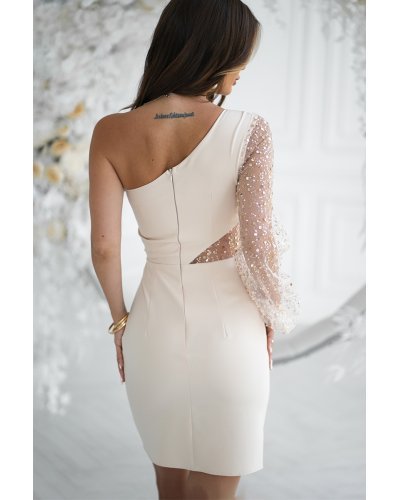 Rochii cununie civila, Rochie cununie civila scurta bej cu maneca lunga din paiete si un umar gol Seduction - jojofashion.ro