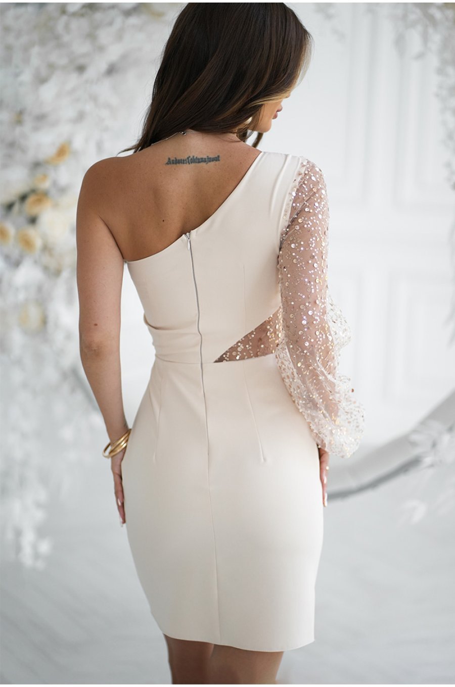 Rochie cununie civila scurta bej cu maneca lunga din paiete si un umar gol Seduction 2 - jojofashion.ro