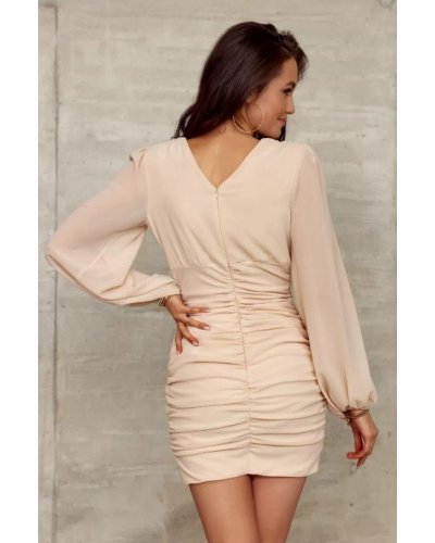 Rochie cununie civila scurta, bej, drapata, cu maneca lunga, Elyanna Rochii cununie civila, Rochie cununie civila scurta, bej, drapata, cu maneca lunga, Elyanna - jojofashion.ro