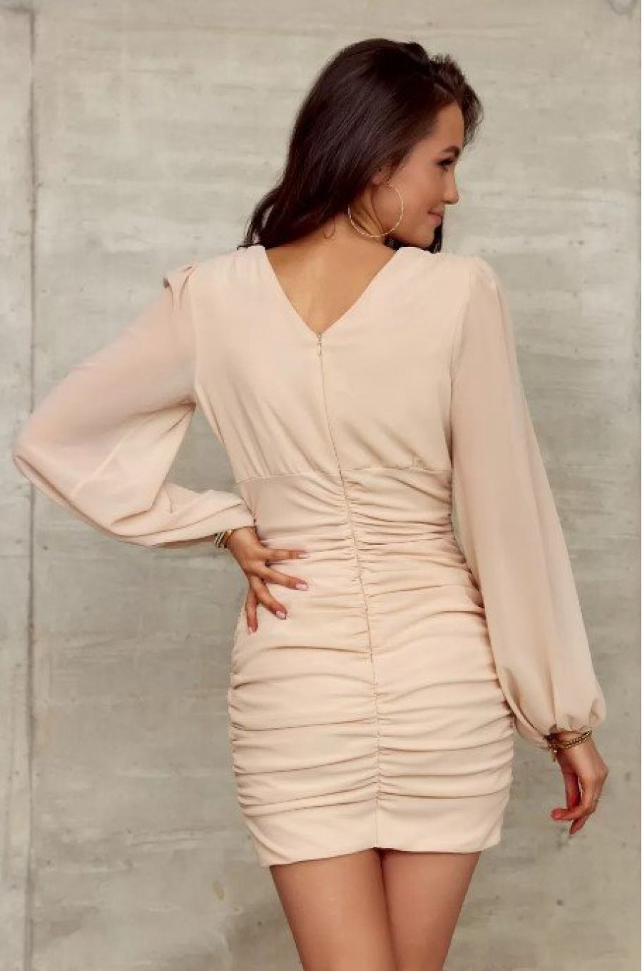 Rochie cununie civila scurta, bej, drapata, cu maneca lunga, Elyanna 2 - jojofashion.ro